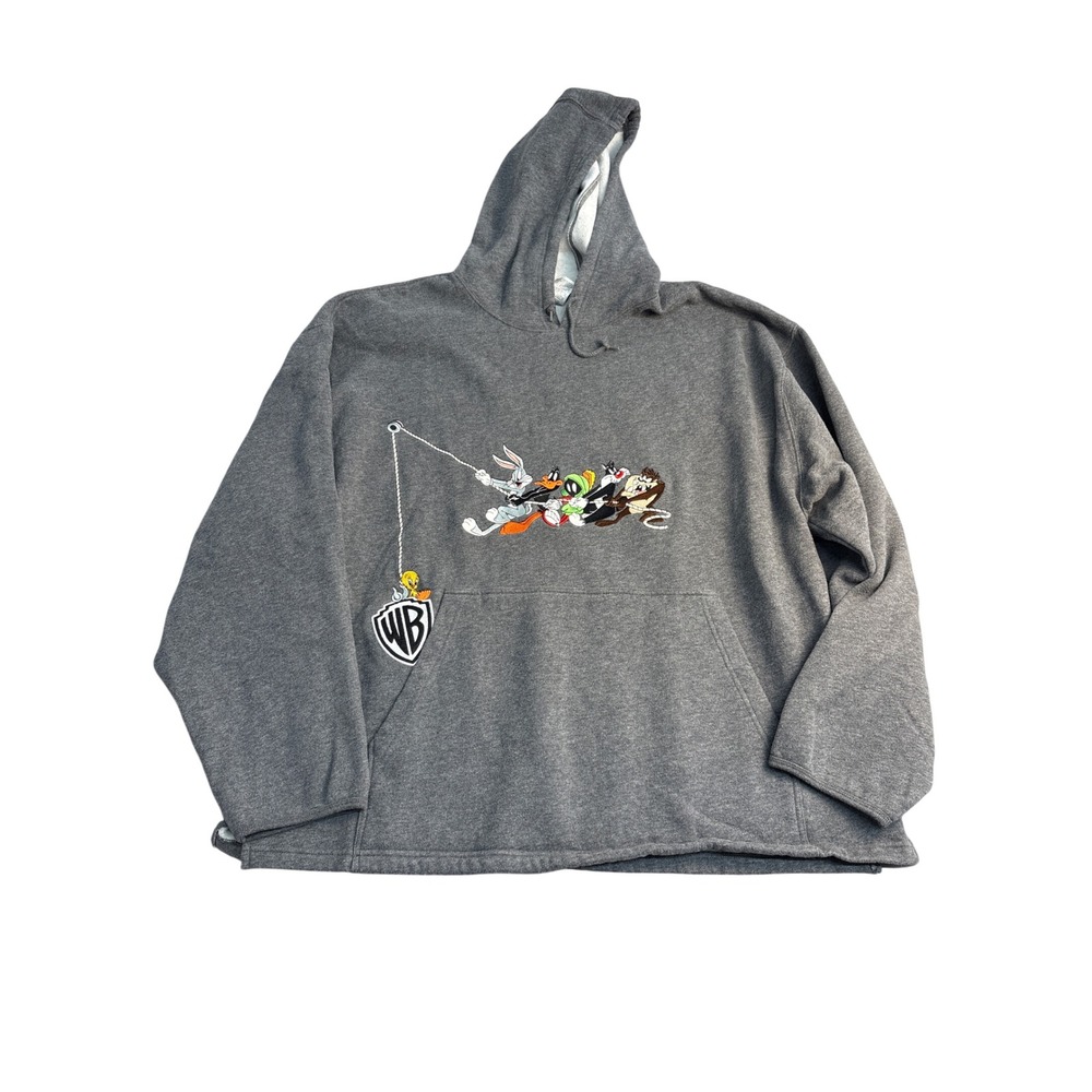 Vintage Warner Bros Studio Store Looney Tunes Embroidered Gray Hoodie Mens XXL